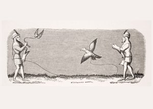 ポールラクロワ（1806-84）のパブによる「ルモヤンエイジエラルネッサンス」からの、アンリドフェリエールによる14世紀の原稿「リヴルドロイデュモデュス」のミニチュアの複製、新しいハヤブサの訓練方法